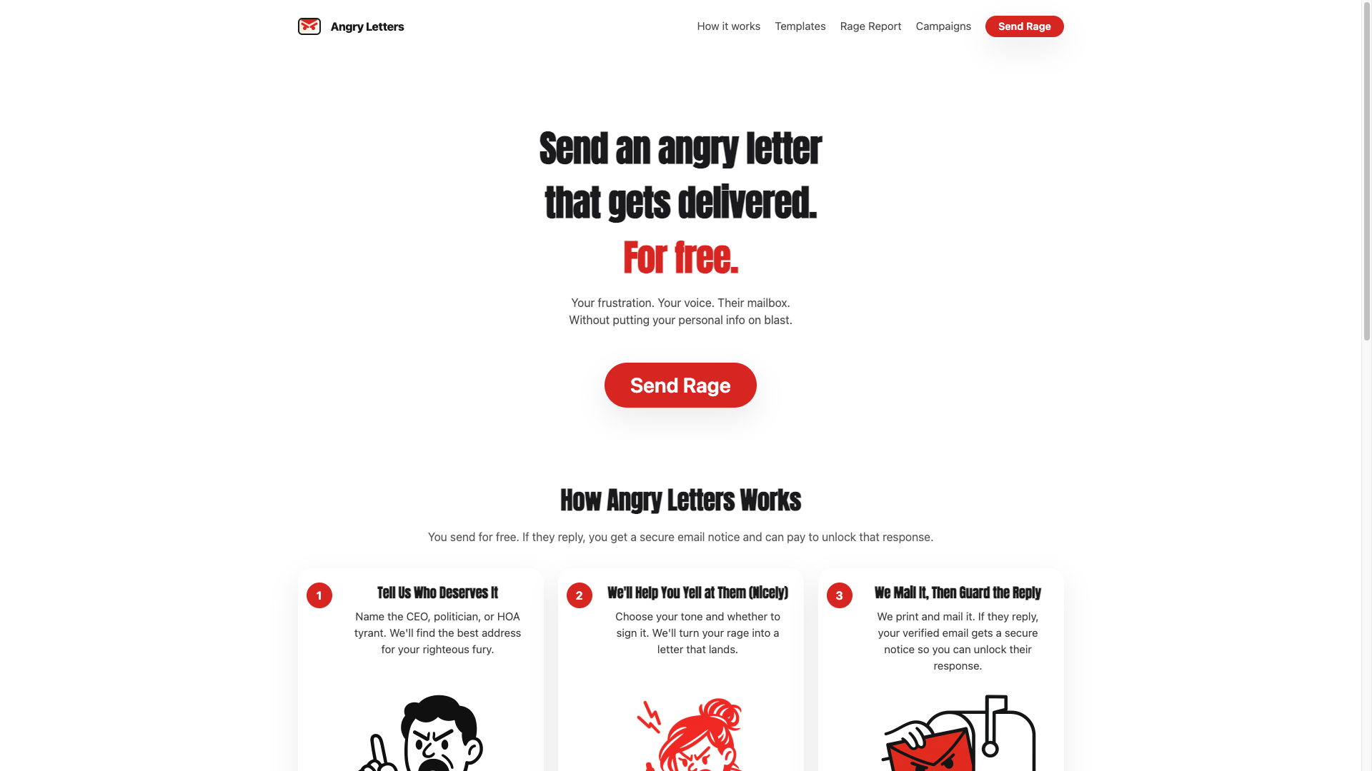 Angry Letters homepage: send an angry letter that gets delivered for free.