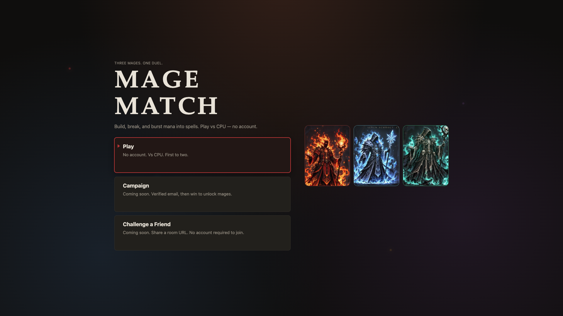 Mage Match title screen with three mage portraits and Play, Campaign, and Challenge modes.