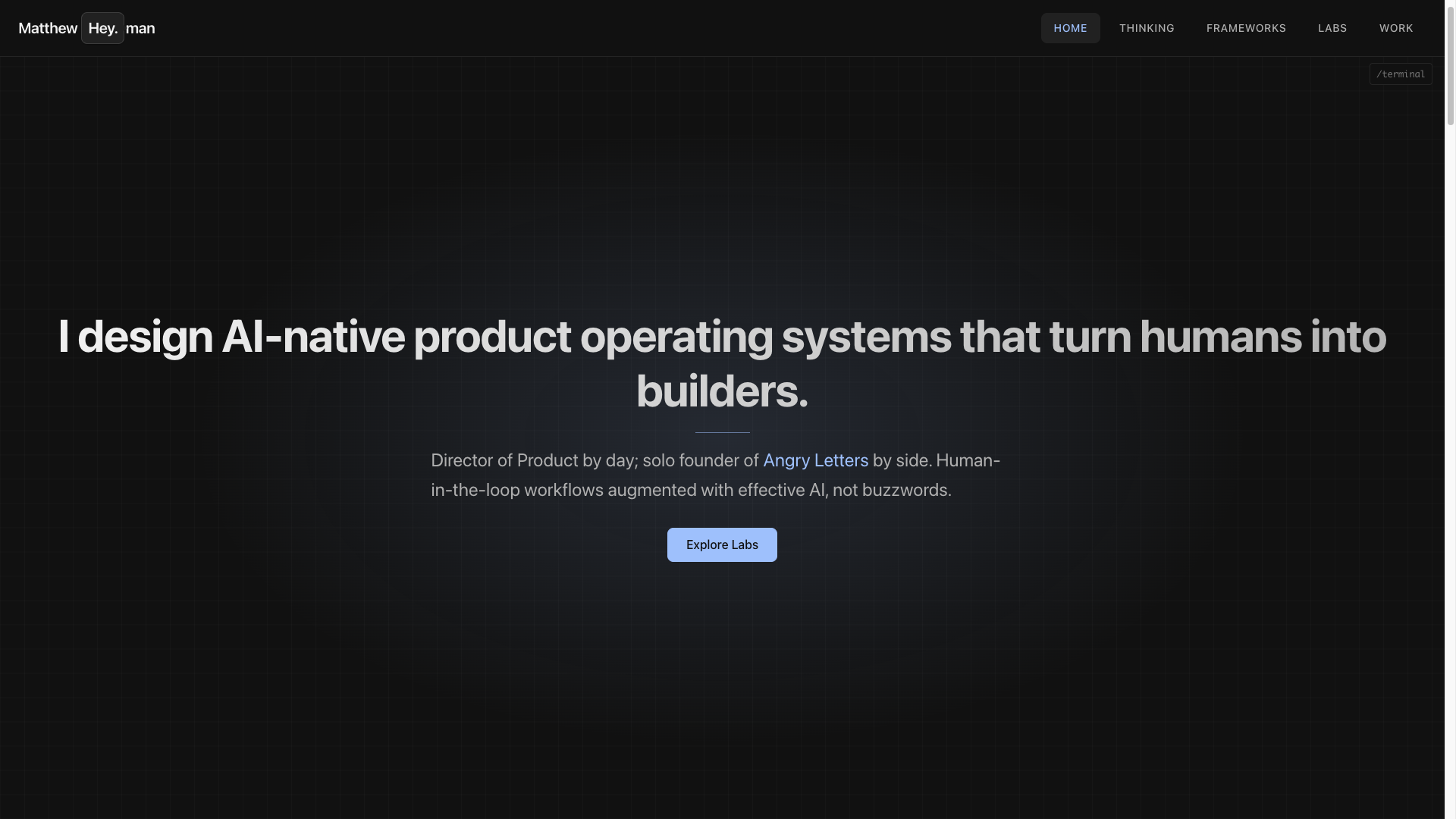 matthewheyman.com homepage with the Product OS identity statement.